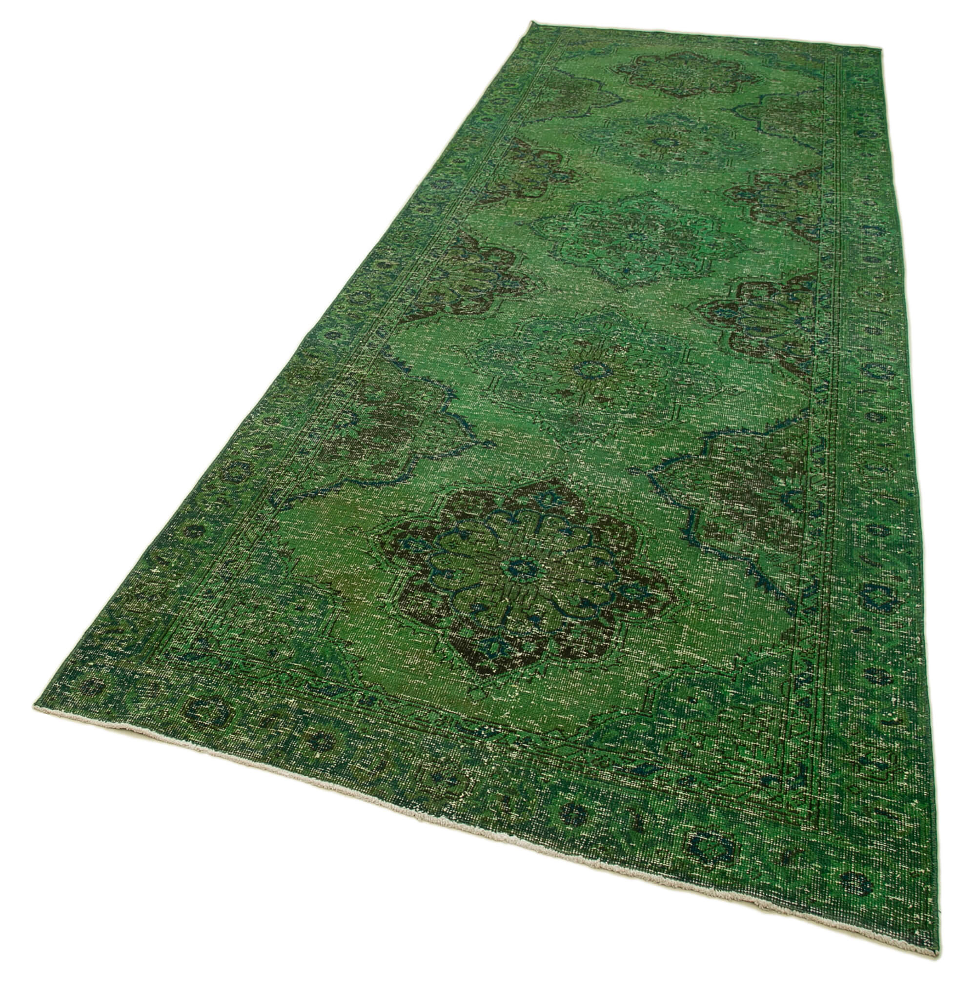 Handmade Wool Area Rug - Zile Green Vintage Cotton Rug 4'4'' x 12'8'' Classic Woven