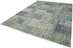 Handmade Area Rug - Blue Patchwork Cotton Wool Vintage Turkish Carpet 8'2''x11'6''