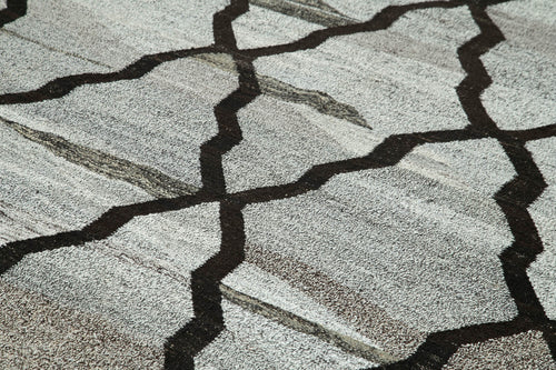 Handmade Area Rug - Grey Geometric Cotton Wool Vintage Handwoven Carpet 7'11" x 9'11"