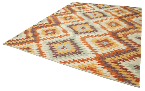 Handmade Area Rug - Vintage Turkish Wool & Cotton Geometric Carpet 9'3''x11'9''