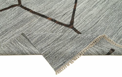 Handmade Area Rug - Grey Geometric Cotton Wool Large Vintage Turkish Carpet 9'10''x14'8''