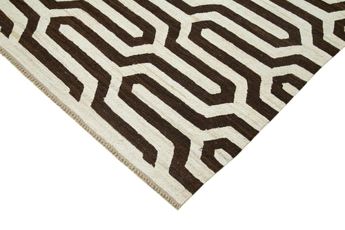Handmade Area Rug - Geometric Brown Cotton Wool Vintage Turkish Carpet 8x10