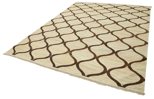 Handmade Area Rug - Beige Geometric Cotton Wool Rug 7'10'' x 10'2'' Durable Soft Floor Covering