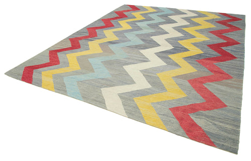 Handmade Area Rug - Black Geometric Cotton Wool Vintage Hand Woven Carpet 10'1''x12'6''