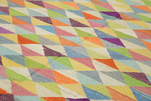 Handmade Area Rug – Orange Geometric Wool Cotton Vintage Turkish Carpet 8'7"x10'10"