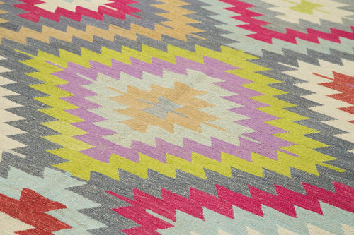 Handmade Area Rug - Pink Geometric Cotton Wool Vintage Turkish Carpet 8'8" x 11'1"