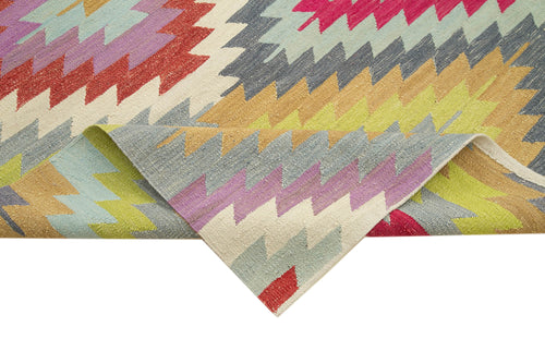 Handmade Area Rug - Pink Geometric Cotton Wool Vintage Turkish Carpet 8'8" x 11'1"