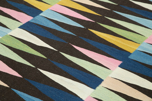 Handmade Area Rug – Black Geometric Cotton Wool Vintage Handwoven Carpet 7'7''x10'4''