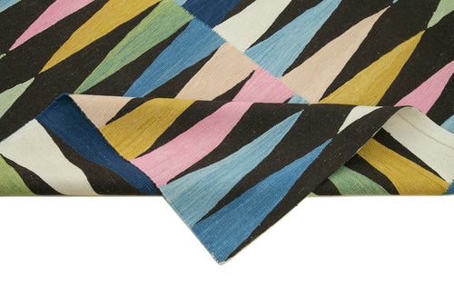 Handmade Area Rug – Black Geometric Cotton Wool Vintage Handwoven Carpet 7'7''x10'4''