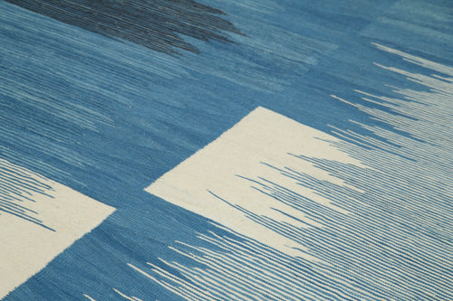 Handmade Area Rug – Blue Geometric Cotton Wool Vintage Handwoven Carpet 7'4''x10'2''