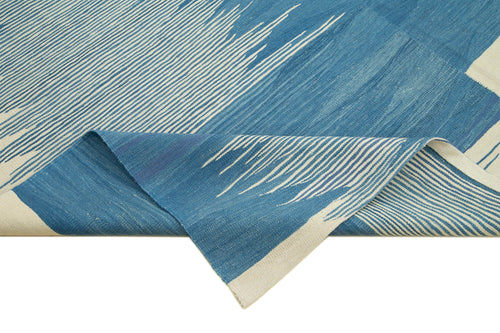 Handmade Area Rug – Blue Geometric Cotton Wool Vintage Handwoven Carpet 7'4''x10'2''