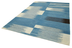 Handmade Area Rug - Blue Geometric Cotton Wool Vintage Handwoven Carpet 7'3'' x 10'1''