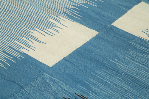 Handmade Area Rug - Blue Geometric Cotton Wool Vintage Handwoven Carpet 7'3'' x 10'1''