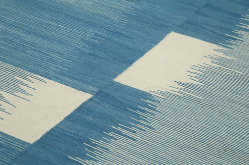 Handmade Area Rug - Blue Geometric Cotton Wool Carpet 7'3'' x 10'5'' Durable Floor Covering