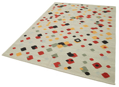 Scrap Beige Geometric Cotton Wool Handmade Area Rug 5'9'' x 8'1''