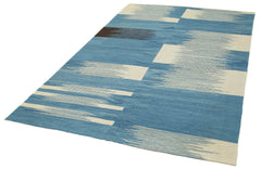 Handmade Area Rug – Blue Geometric Cotton Wool Vintage Handwoven Carpet 5'9''x8'6''