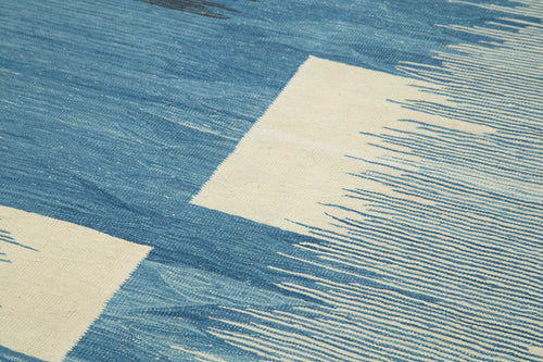 Handmade Area Rug – Blue Geometric Cotton Wool Vintage Handwoven Carpet 5'9''x8'6''