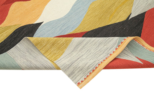 Handmade Area Rug - Blue Geometric Cotton Wool Vintage Handwoven Carpet 6'8" x 9'11"