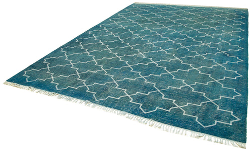 Geometric Carpet Turquoise Geometric Cotton Wool Handmade Area Rug 9'11'' x 13'5''