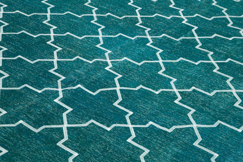 Geometric Carpet Turquoise Geometric Cotton Wool Handmade Area Rug 9'5'' x 12'10''