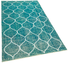 Handmade Area Rug - Turquoise Geometric Cotton Wool Vintage Turkish Carpet 3'6''x6'7''