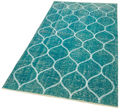 Handmade Area Rug - Turquoise Geometric Cotton Wool Vintage Turkish Carpet 3'6''x6'7''
