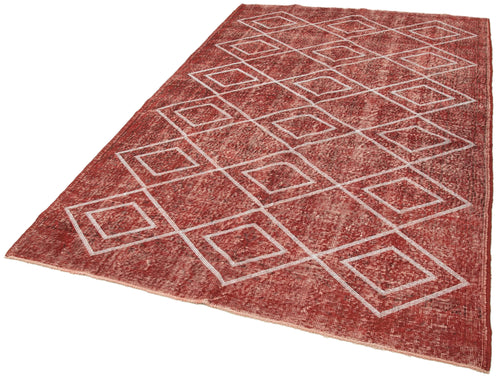 Geometric Carpet Red Geometric Cotton Wool Handmade Area Rug 5'5'' x 8'9''