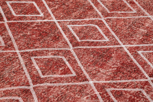 Geometric Carpet Red Geometric Cotton Wool Handmade Area Rug 5'5'' x 8'9''