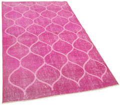 Handmade Area Rug - Pink Geometric Cotton Wool Vintage Turkish Carpet 3'8''x6'4''