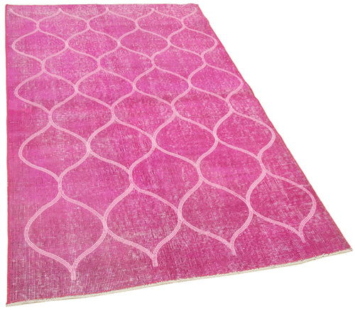 Handmade Area Rug - Pink Geometric Cotton Wool Vintage Turkish Carpet 3'8''x6'4''