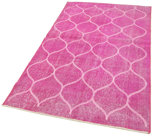 Handmade Area Rug - Pink Geometric Cotton Wool Vintage Turkish Carpet 3'8''x6'4''