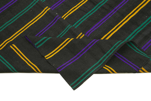 Striped Kilim Black Striped Cotton Wool Handmade Area Rug 6'6'' x 9'6''