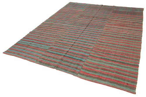 Striped Kilim Turquoise Striped Cotton Wool Handmade Area Rug 7'1'' x 8'10''