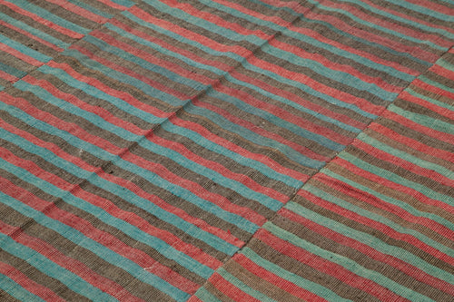 Striped Kilim Turquoise Striped Cotton Wool Handmade Area Rug 7'1'' x 8'10''