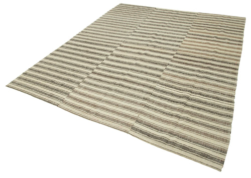 Striped Kilim Beige Striped Cotton Wool Handmade Area Rug 6'7'' x 8'4''