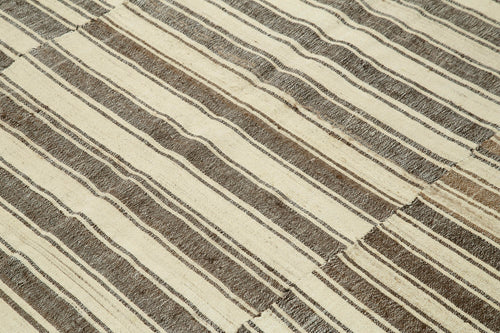 Striped Kilim Beige Striped Cotton Wool Handmade Area Rug 6'7'' x 8'4''
