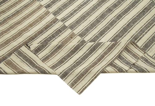 Striped Kilim Beige Striped Cotton Wool Handmade Area Rug 6'7'' x 8'4''