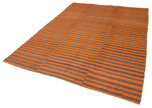Striped Kilim Orange Striped Cotton Wool Handmade Area Rug 6'4'' x 9'0''