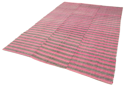 Handmade Area Rug – Pink Kilim Striped Cotton Wool Blend Bohemian Style Carpet 6'5''x9'6''
