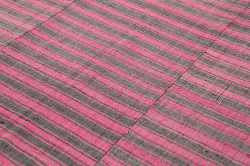Handmade Area Rug – Pink Kilim Striped Cotton Wool Blend Bohemian Style Carpet 6'5''x9'6''
