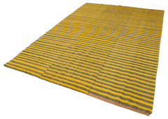 Striped Kilim Yellow Striped Cotton Wool Handmade Area Rug 6'5'' x 9'7''