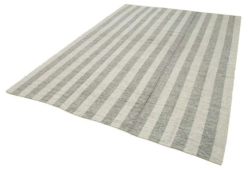 Striped Kilim Beige Striped Cotton Wool Handmade Area Rug 7'1'' x 9'7''