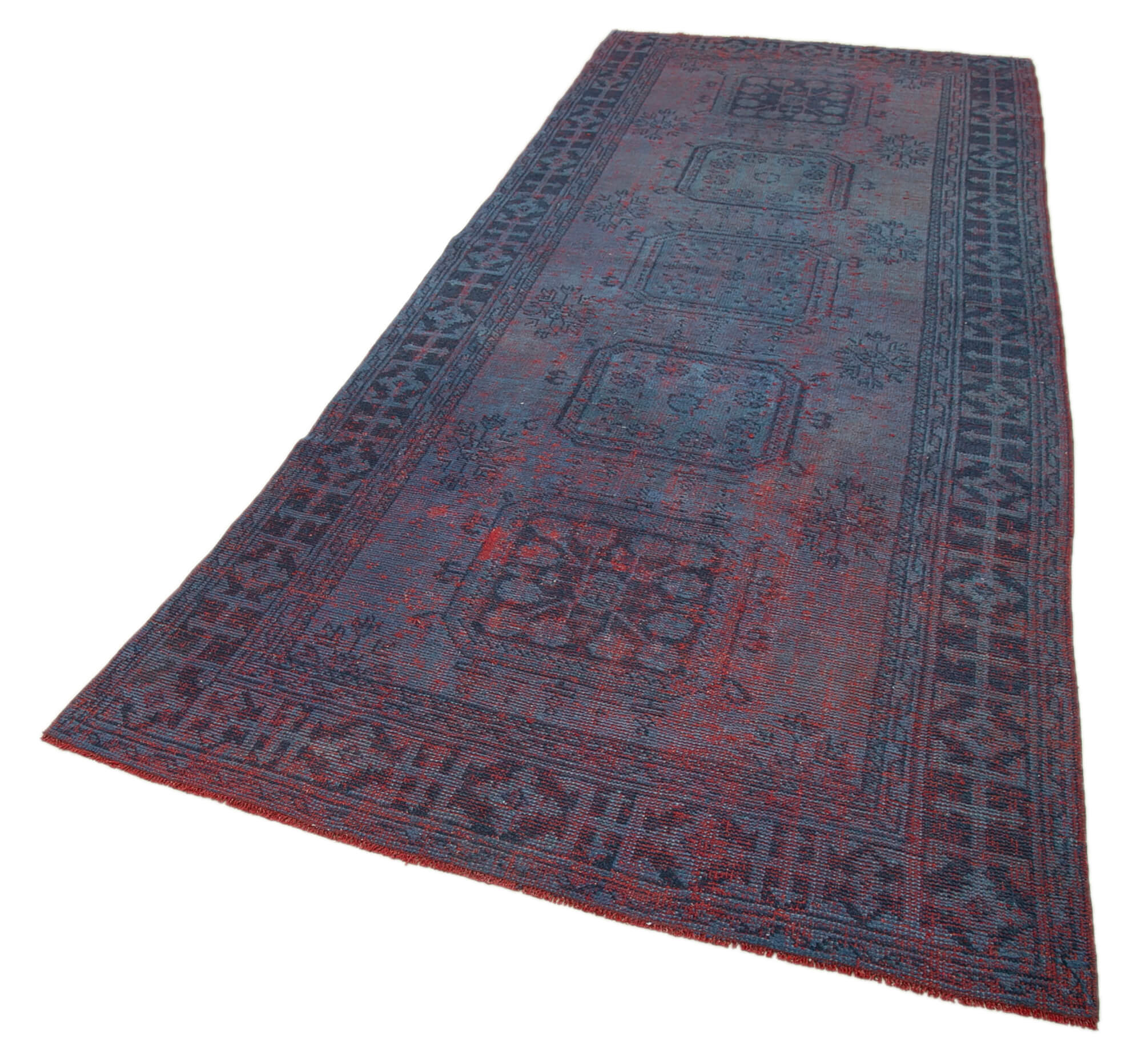 Handmade Vintage Area Rug - Blue Cotton Wool Turkish Hand Knotted Carpet 4'6''x11'2''