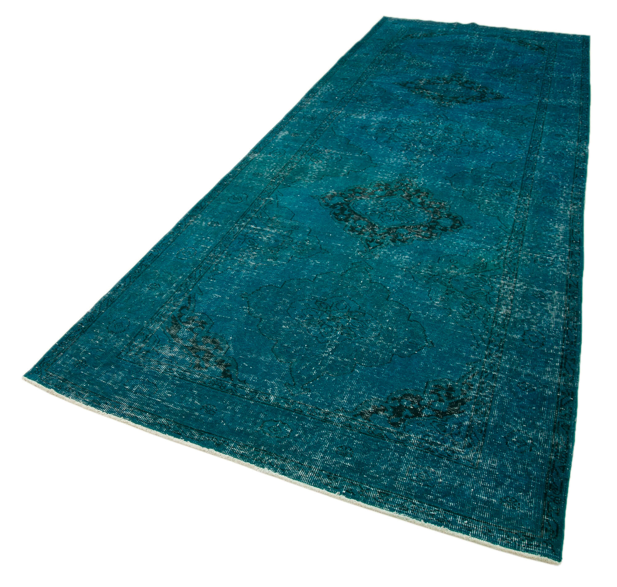 Handmade Vintage Area Rug – Turquoise Wool & Cotton Carpet 4'8''x13'1'' Boho Style