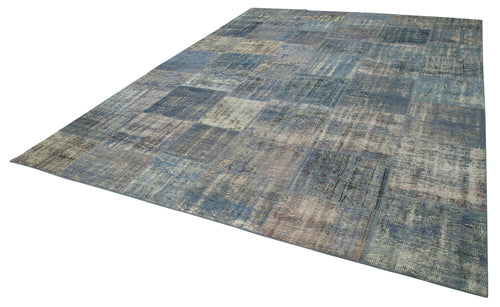 Handmade Area Rug – Blue Patchwork Cotton Wool Vintage Turkish Carpet 9'9''x13'1''