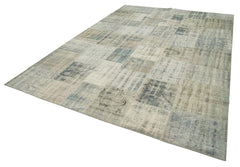 Handmade Area Rug - Blue Patchwork Wool Cotton Carpet, Vintage Handwoven Turkish Style