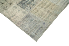 Handmade Area Rug - Blue Patchwork Wool Cotton Carpet, Vintage Handwoven Turkish Style