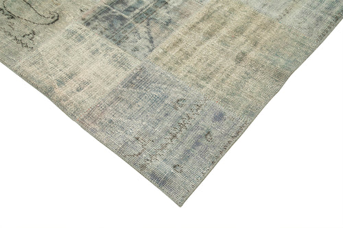 Handmade Area Rug - Blue Patchwork Wool Cotton Carpet, Vintage Handwoven Turkish Style