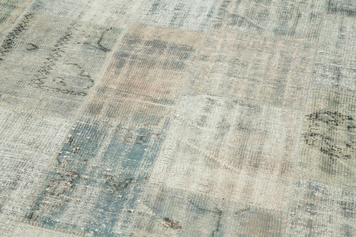 Handmade Area Rug - Blue Patchwork Wool Cotton Carpet, Vintage Handwoven Turkish Style
