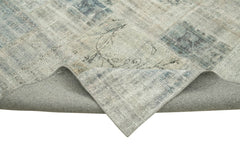 Handmade Area Rug - Blue Patchwork Wool Cotton Carpet, Vintage Handwoven Turkish Style